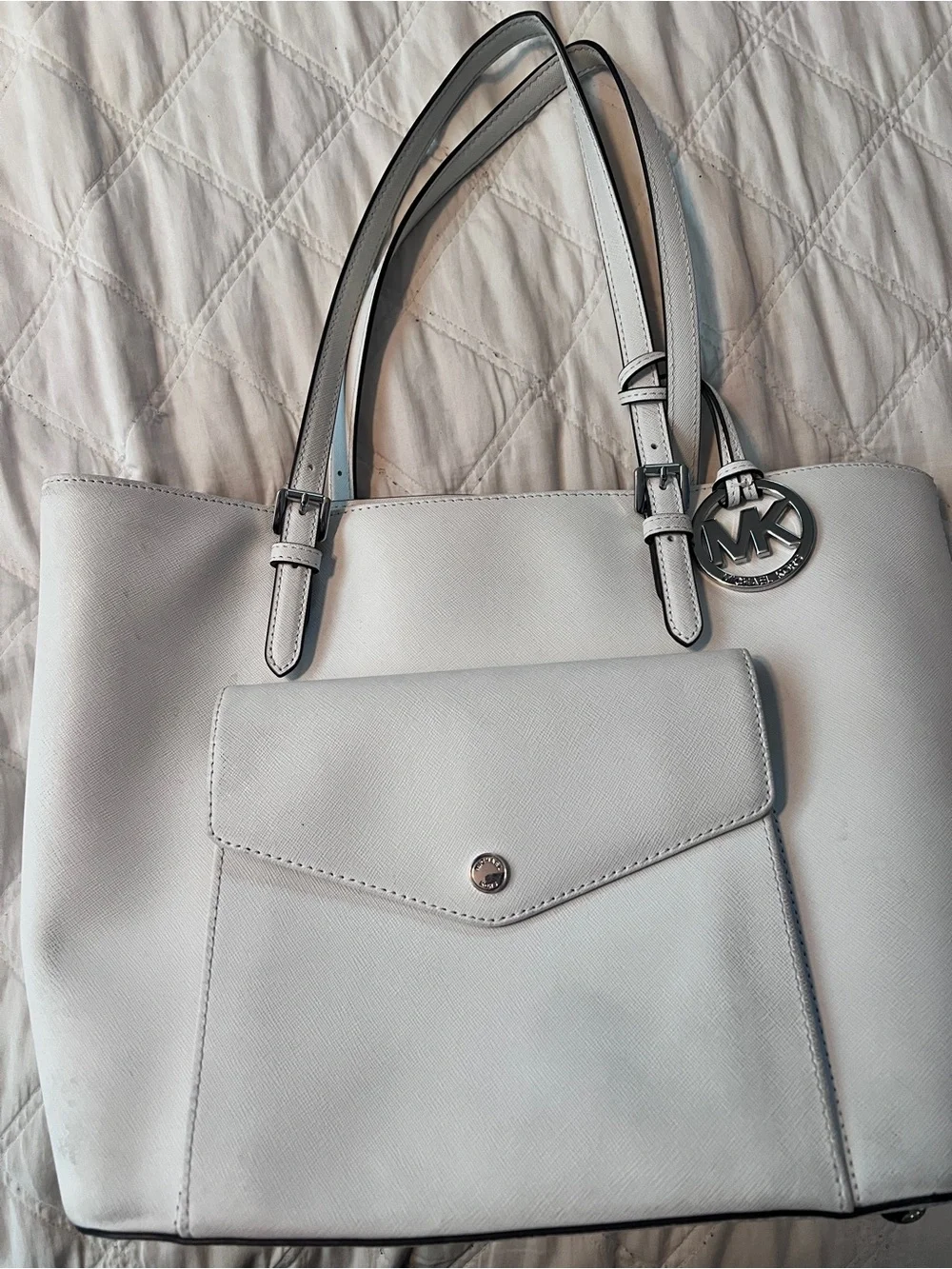 Michael Kors White Leather Tote with Front Envelope Pocket
